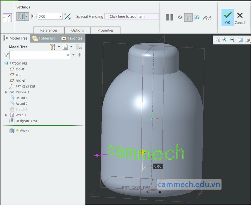 Hướng dẫn Embossed text trên phần mềm Creo, Tạo chữ 3D trên bề mặt cong của vật phẩm bằng lệnh Wrap