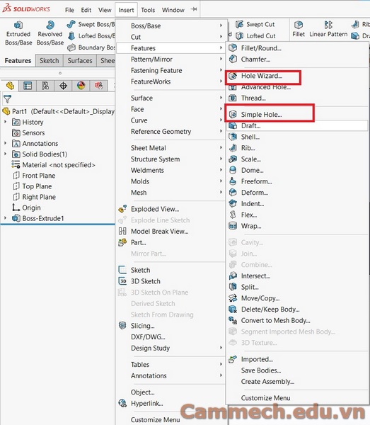 Hướng dẫn sử dụng lệnh Hole trên Solidworks