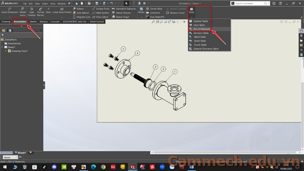 Tạo bảng kê vật liệu và lưu các thay đổi trên bảng kê thành dạng Teamplate trên phần mềm Solidworks