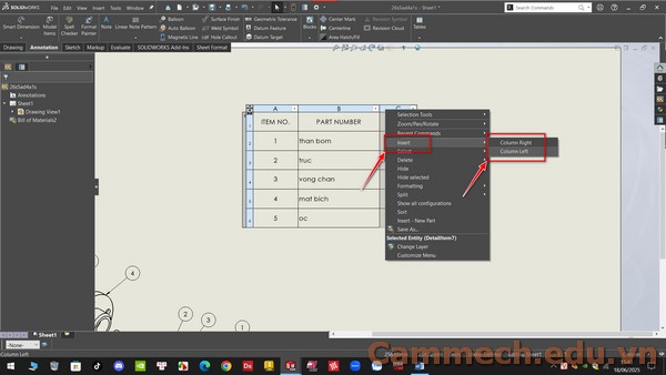 Tạo bảng kê vật liệu và lưu các thay đổi trên bảng kê thành dạng Teamplate trên phần mềm Solidworks