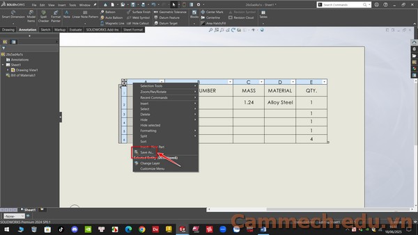 Tạo bảng kê vật liệu và lưu các thay đổi trên bảng kê thành dạng Teamplate trên phần mềm Solidworks