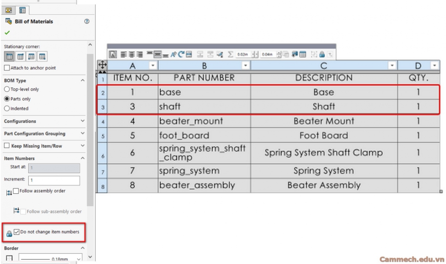 Chi tiết các tùy chọn trên Solidworks BOM để dễ dàng sử dụng