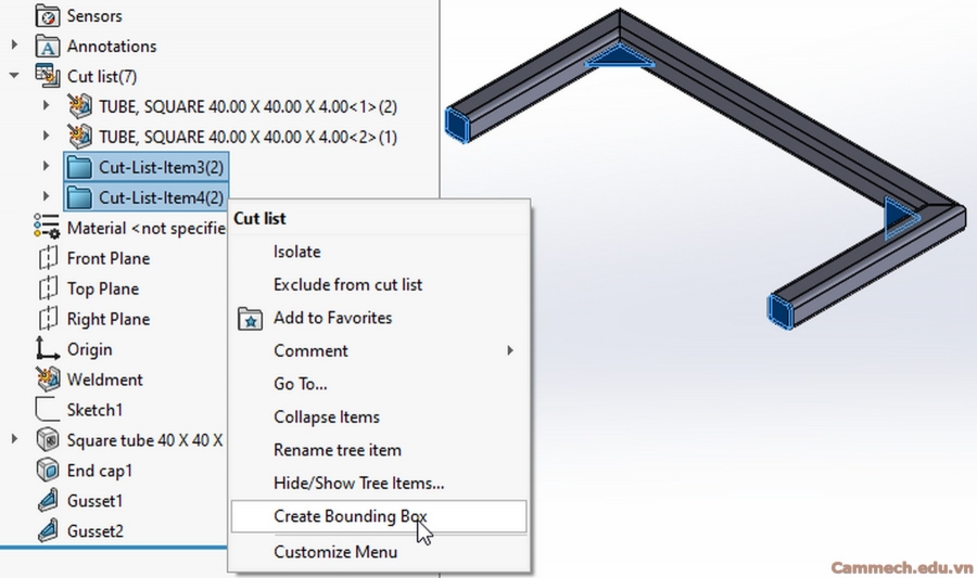 thể hiện End Cap và Gusset trong Weldment Cut List của Solidworks