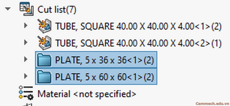 thể hiện End Cap và Gusset trong Weldment Cut List của Solidworks
