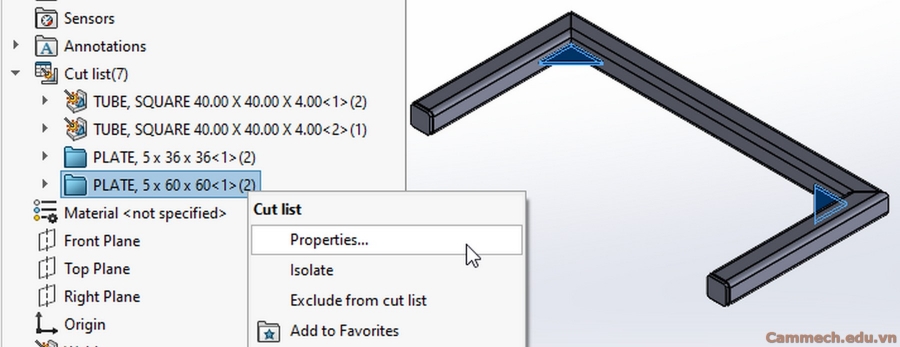 thể hiện End Cap và Gusset trong Weldment Cut List của Solidworks