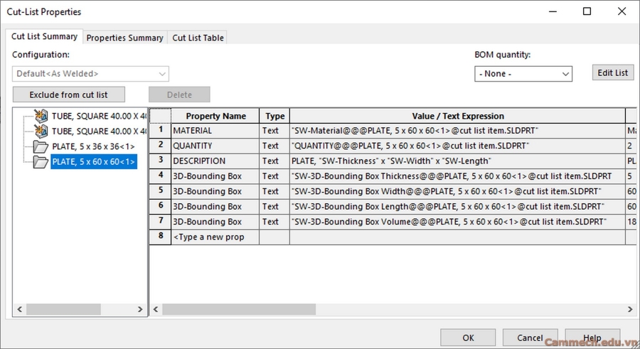thể hiện End Cap và Gusset trong Weldment Cut List của Solidworks