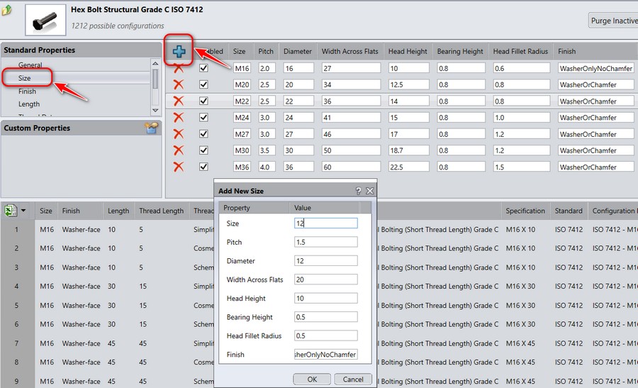 Hướng dẫn thêm kích thước tùy chỉnh vào Solidworks toolbox