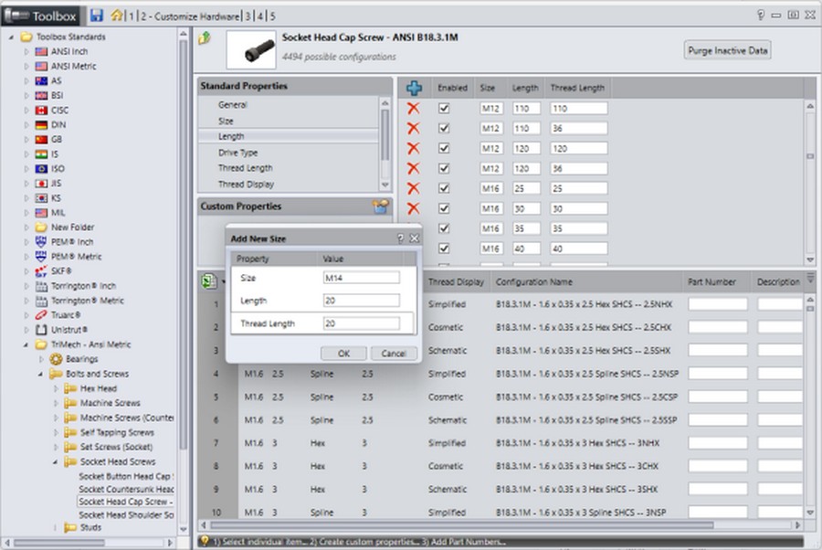 Hướng dẫn thêm kích thước tùy chỉnh vào Solidworks toolbox