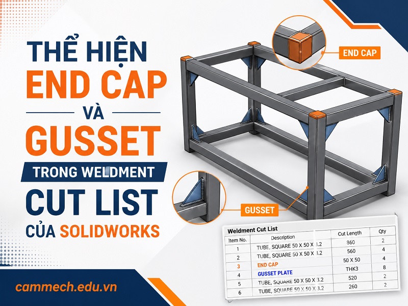 Thể hiện End Cap và Gusset trong Weldment Cut List của Solidworks