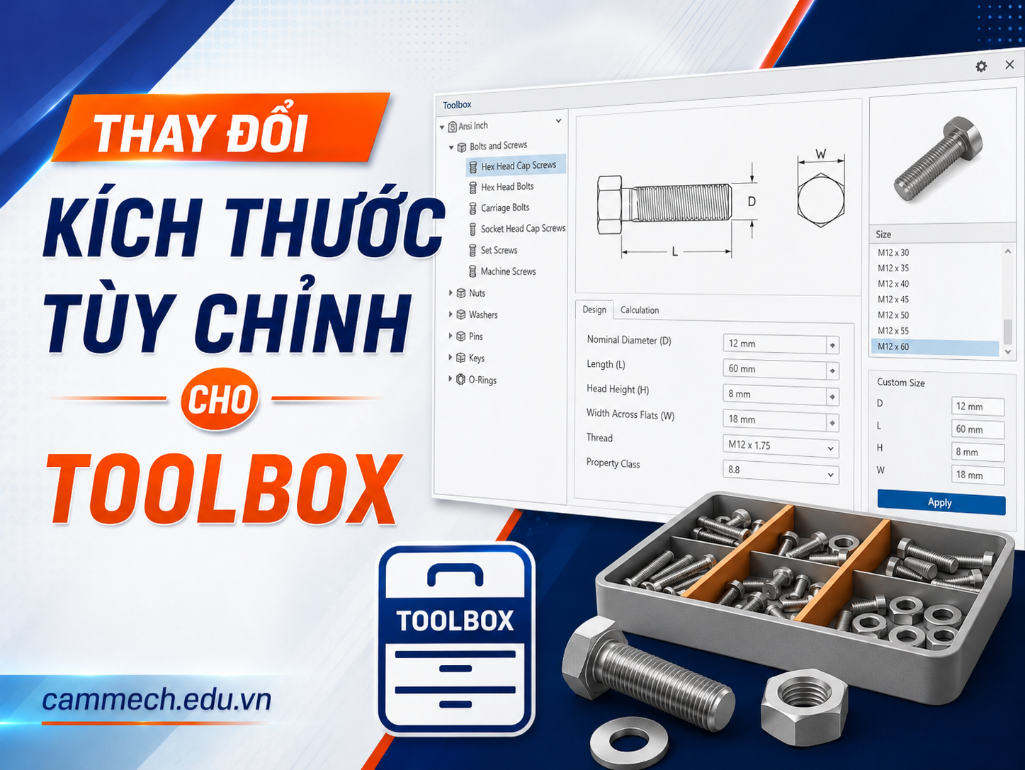 Hướng dẫn thêm kích thước tùy chỉnh vào Solidworks toolbox